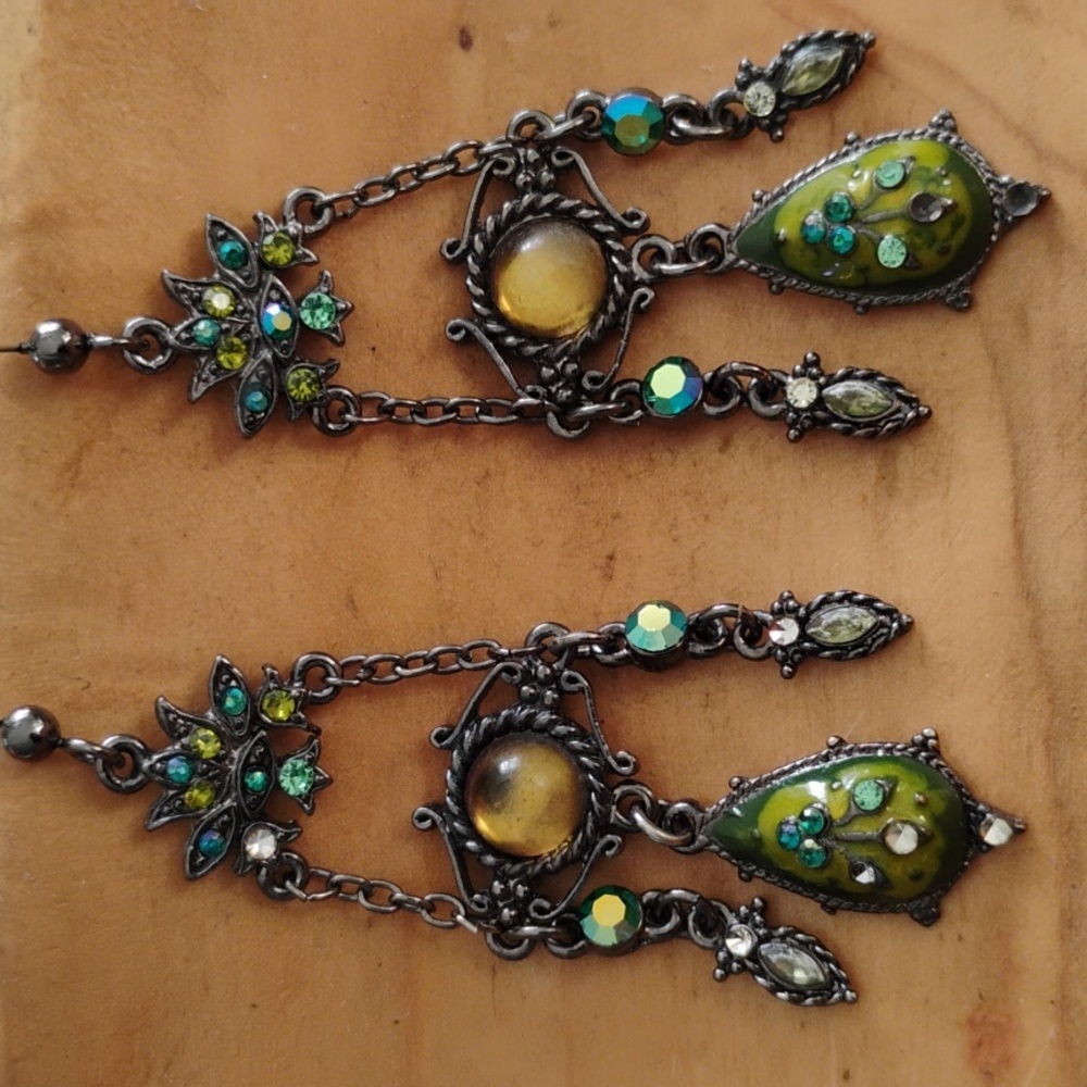 Chandelier Earthly Green tones Rhinestones Lotus Flower Earrings
